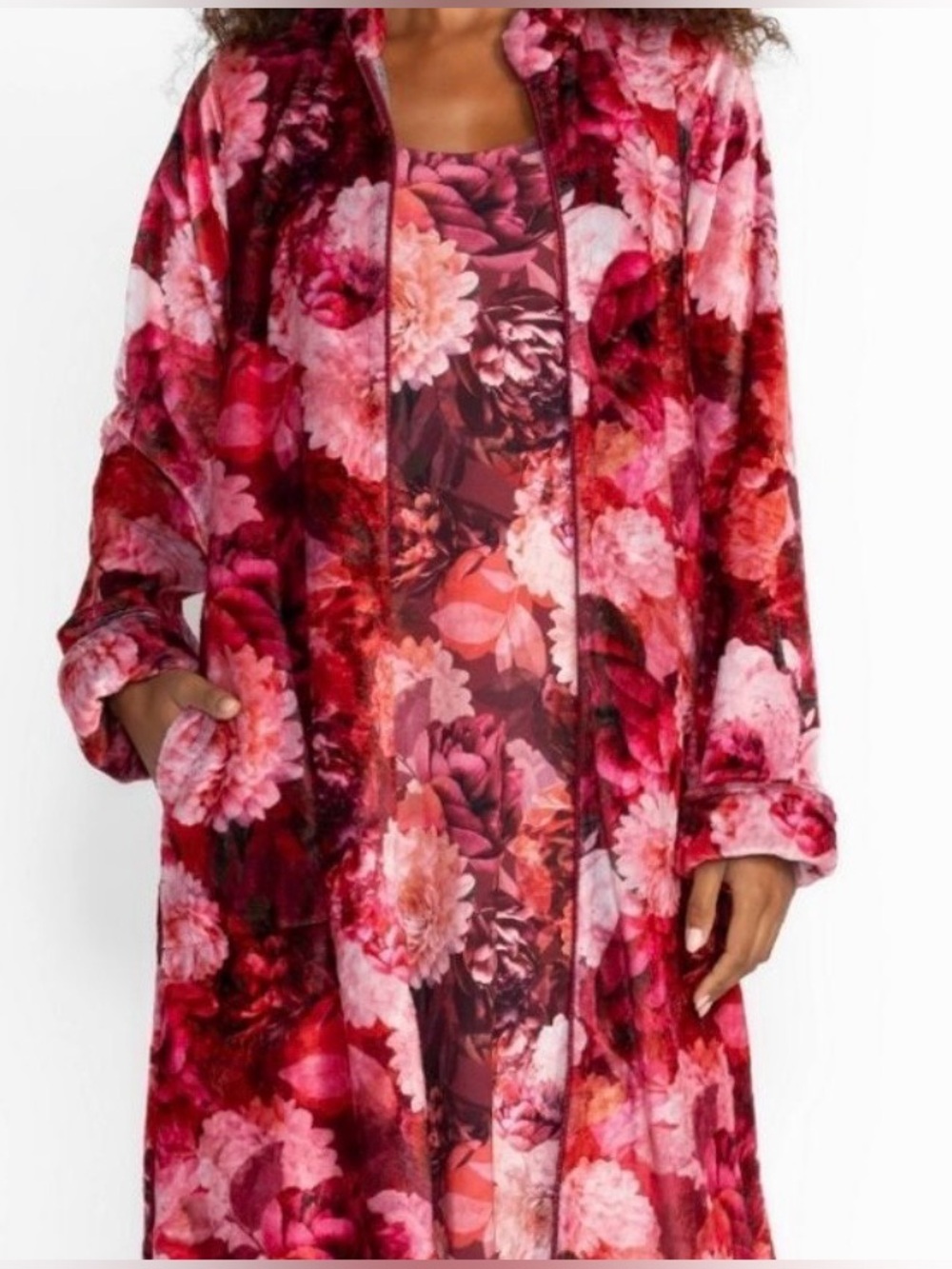 NWOT Johnny Was Floral Plush Robe - Pink Red Floral